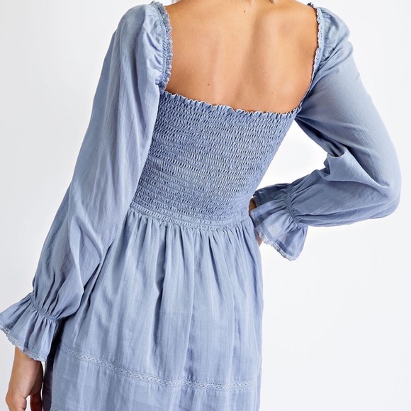 Edit By Nine Adorable Dusty Blue Smocked Bodice Long Puff Sleeves Dress - Picture 5 of 10